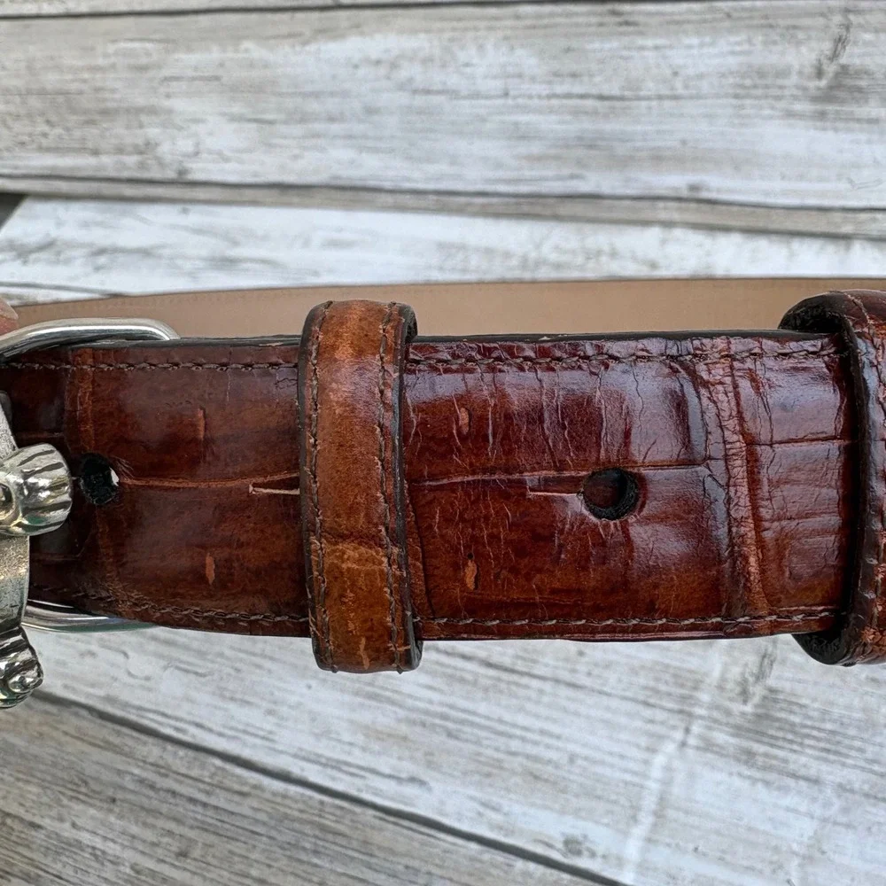 Brighton‎ Belt 30 Brown Crocodile Embossed Leather Silver Turtle Buckle Tortoise